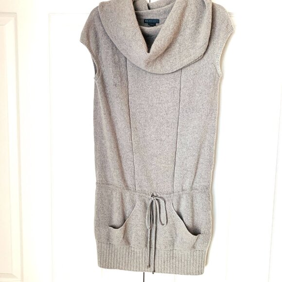 AX ARMANI EXCHANGE Designer Dress Tunic Grey Silver Thread Short Cap Sleeve Sz L - Picture 2 of 9